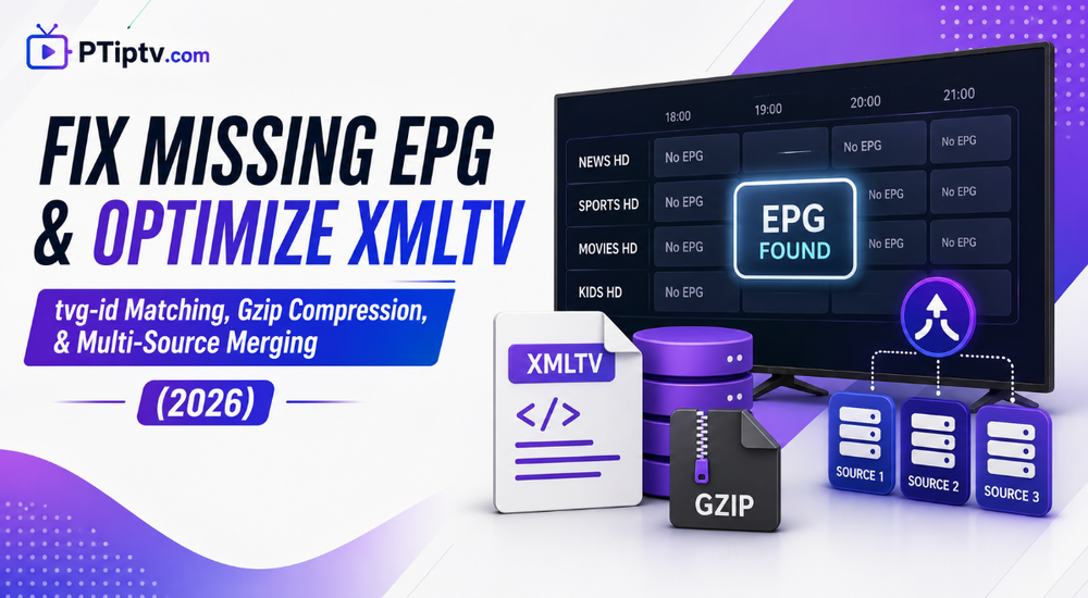 Complete guide to fixing missing IPTV EPG and optimizing XMLTV guide performance. Learn tvg-id matching, Gzip compression, and multi-source merging.